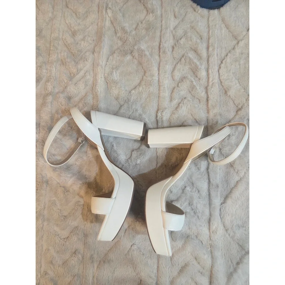 White Platform Block High Heel Sandals Ankle Strap Stiletto vegan Leather Size 9